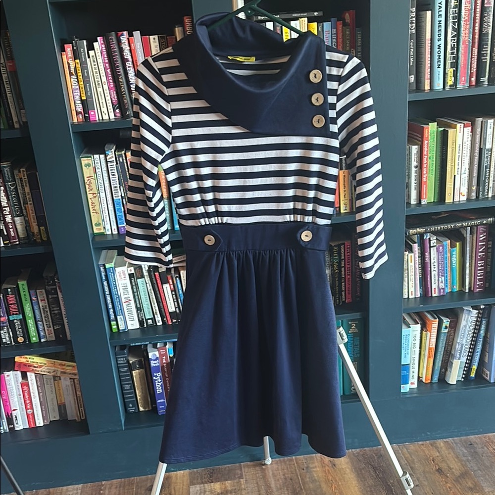 Modcloth Yellow Star Navy and White Striped Nautical Dress